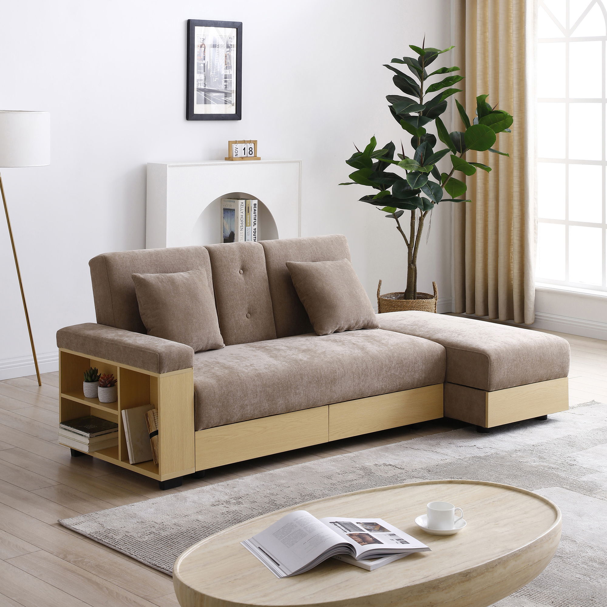 Convertible Sleeper Sofa Couch, Multifunctional Double Folding Sofa Bed, Storage Ottoman And Sofa Arm With Box And Drawer, Drop Down Table With 2Cup Holders For Living Room, Apartment, Office - Light Brown
