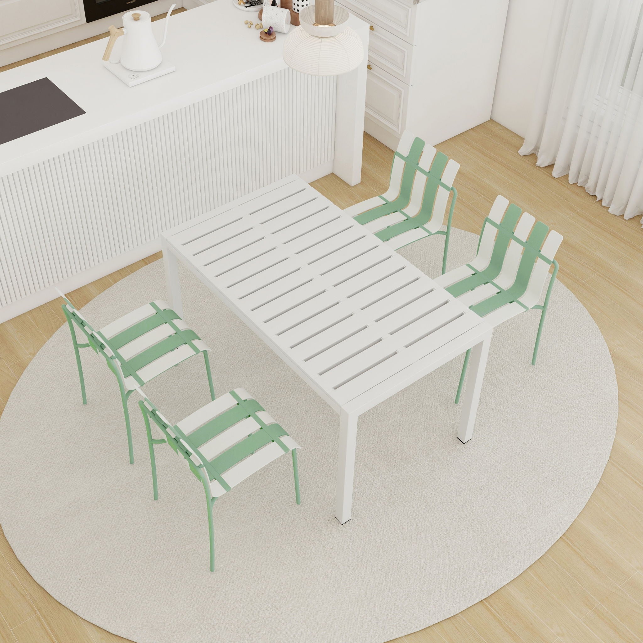 4 Piece Set Of Modern Color Block Designed Single Chairs With Long Table