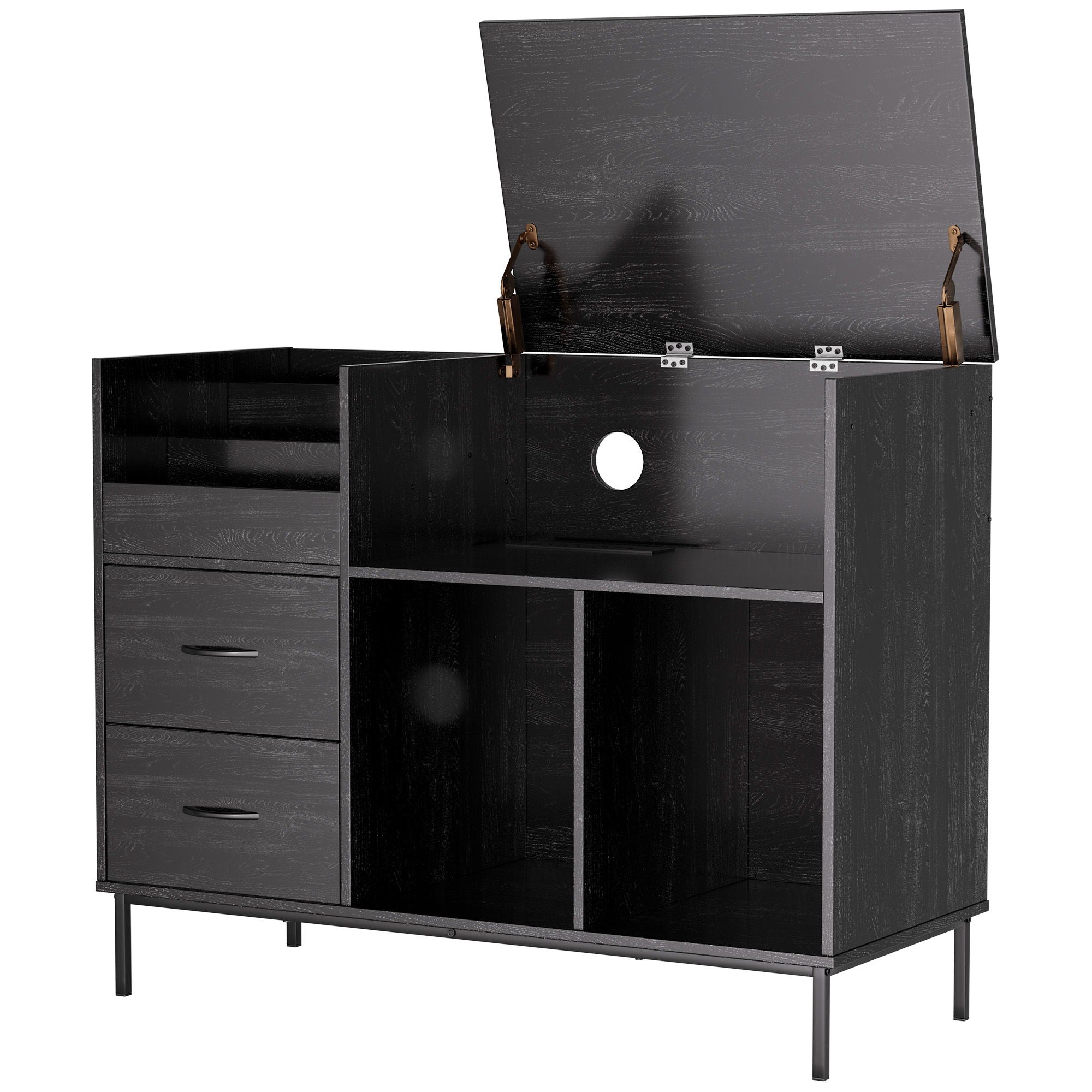Record Player Stand With Power Outlet & Flip-Down Lid, Turntable Console With 2 Drawers And Storage For 300+ Vinyls, Some Assembly Required - Black