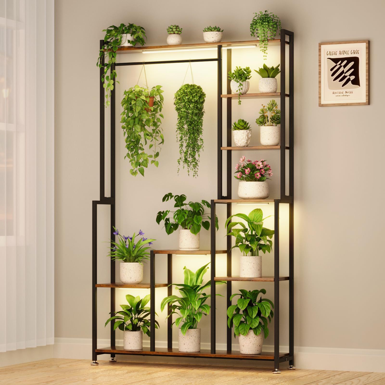 Large Plant Stand Indoor With Grow Light, Tall Plant Shelf, 8 Tiered Heavy Duty Metal Plant Stand, Square Flower Stand Display Rack For Living Room - Walnut / Black