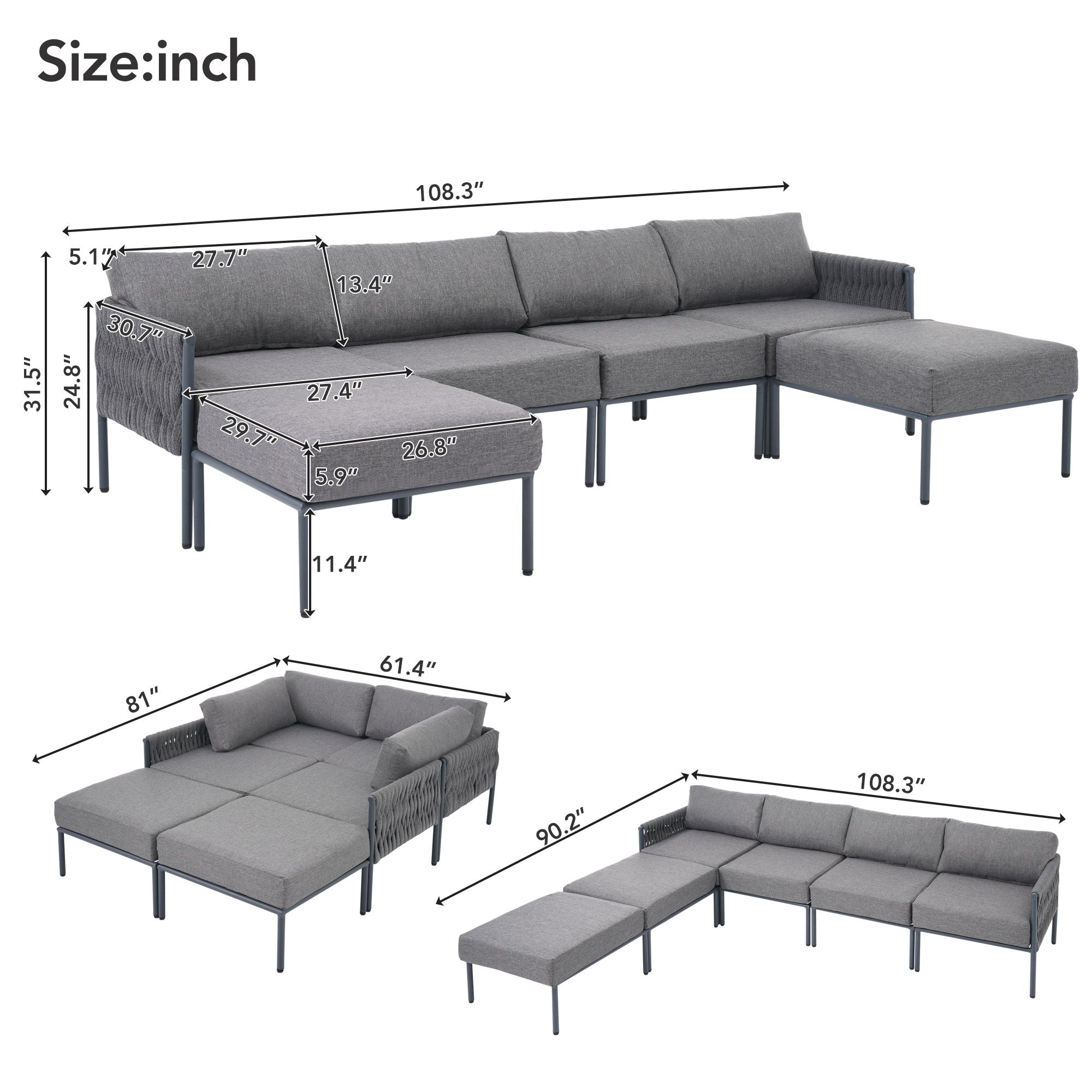 6 Pieces Aluminum Patio Furniture Set, Modern Metal Outdoor Conversation Set Sectional Sofa With Removable Olefin Extra Thick Cushions Cushion - Gray