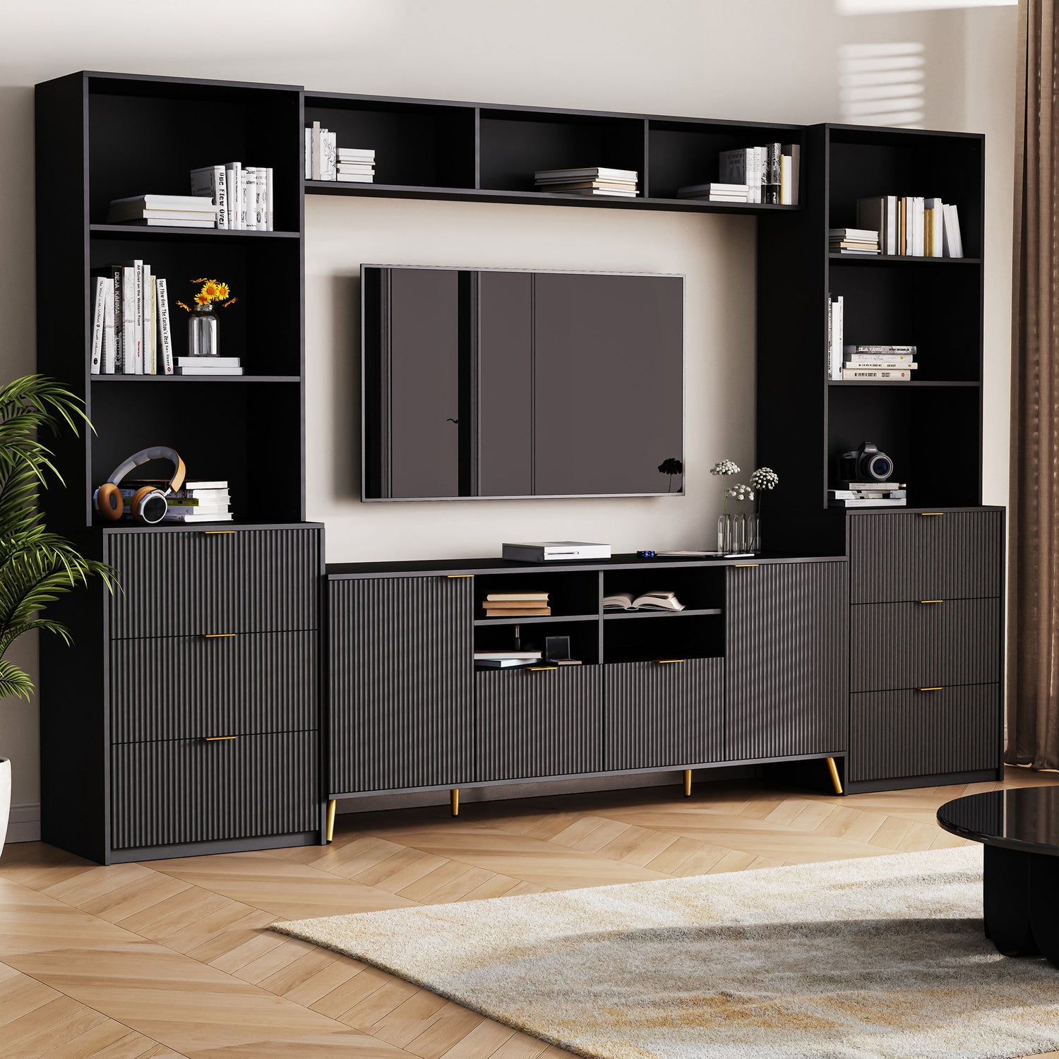 4 Piece Entertainment Wall Unit With 13 Shelves, 8 Drawers And 2 Cabinets, Multifunctional TV Stand Media Storage Cabinet With Fluted Line Surface For Living Room, For TVs Up To 70&quot;