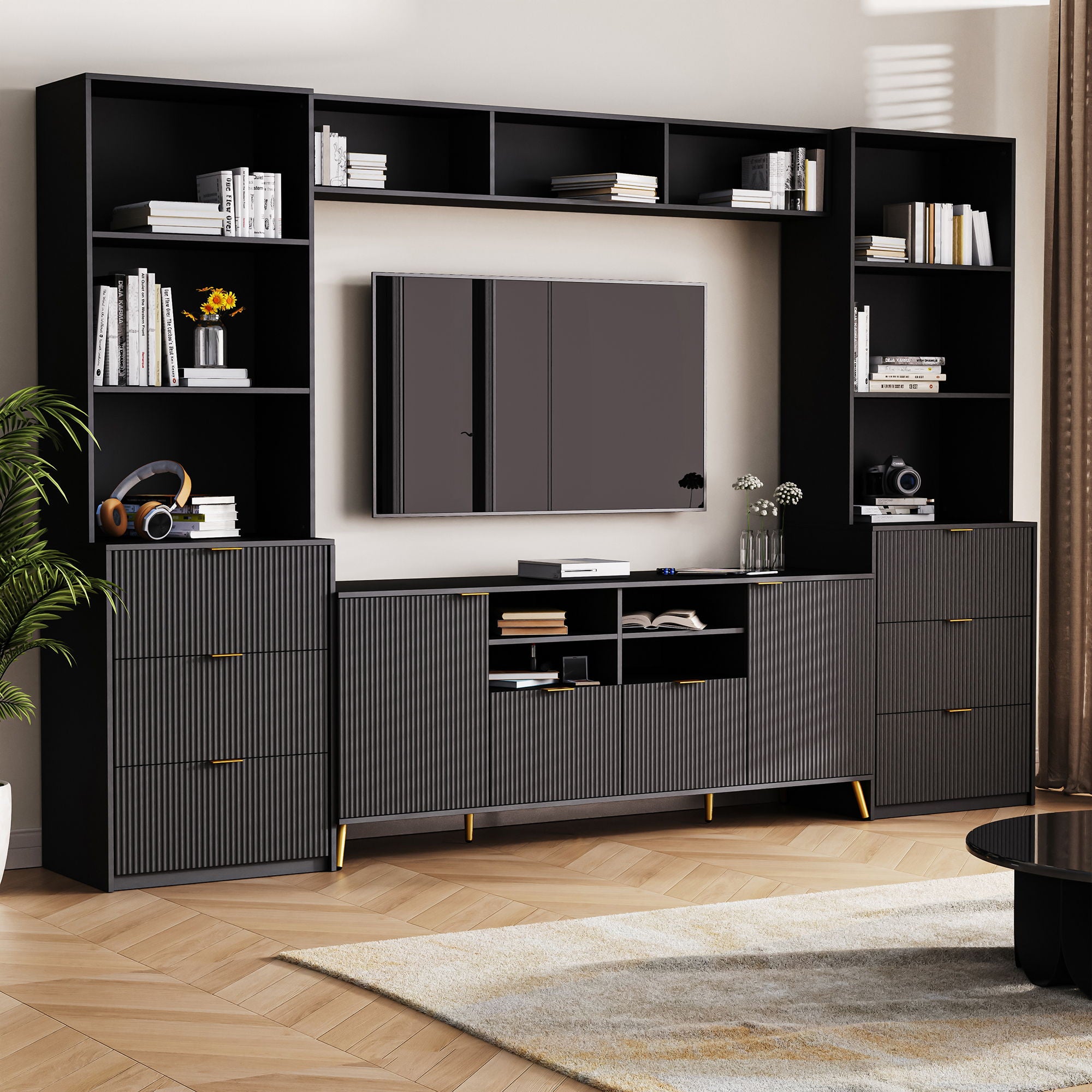 4 Piece Entertainment Wall Unit With 13 Shelves, 8 Drawers And 2 Cabinets, Multifunctional TV Stand Media Storage Cabinet With Fluted Line Surface For Living Room, For TVs Up To 70&quot;