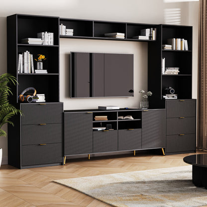 4 Piece Entertainment Wall Unit With 13 Shelves, 8 Drawers And 2 Cabinets, Multifunctional TV Stand Media Storage Cabinet With Fluted Line Surface For Living Room, For TVs Up To 70&quot;