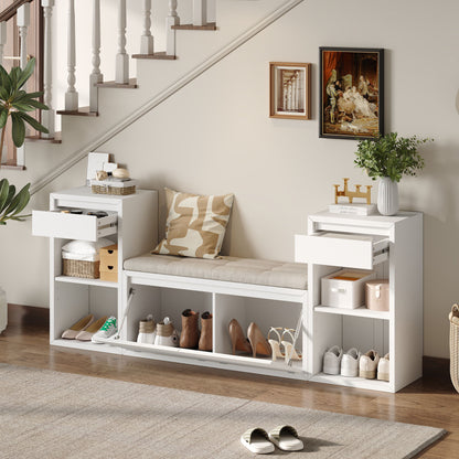 Entryway Storage Bench With Cushion, Drawers &amp; Open Shelves