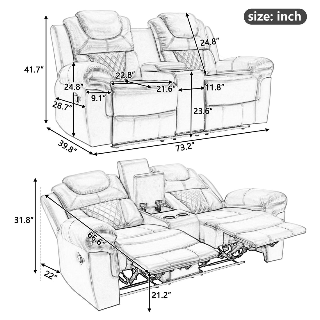 3 Pieces Recliner Sofa Sets Home Theater Seating Manual Recliner Chair &amp; Center Console And LED Light Strip For Living Room - Brown