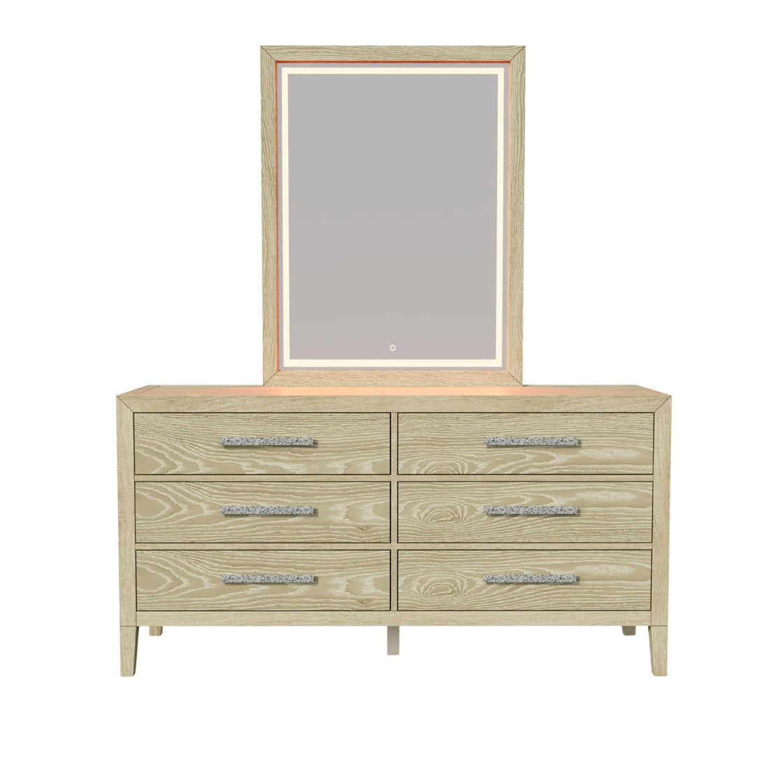 Adeline - 6 Drawers Dresser &amp; Mirror With Jewelry Box &amp; LED Light - Natural Wood Wash