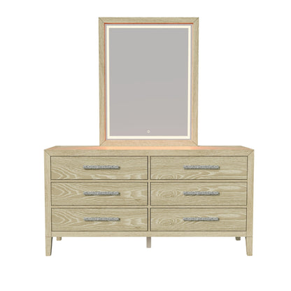 Adeline - 6 Drawers Dresser &amp; Mirror With Jewelry Box &amp; LED Light - Natural Wood Wash