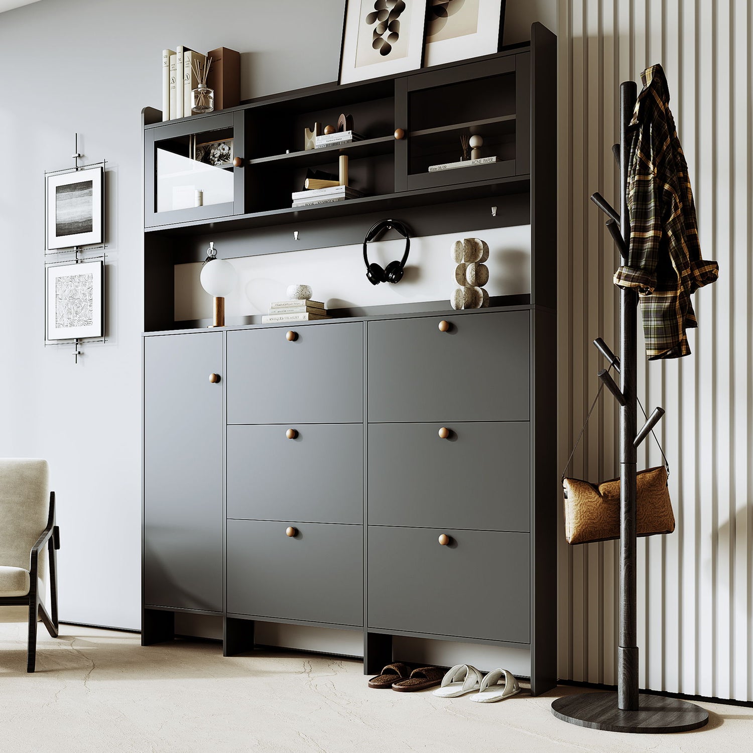 On Trend Multifunctional Tipping Bucket Shoe Cabinet With Storage Shelf &amp; 6 Flip Drawers