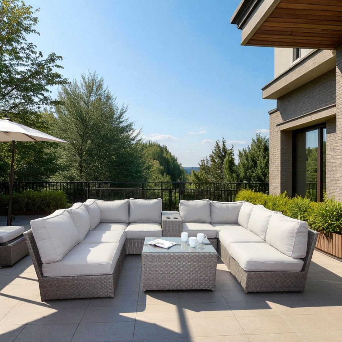 6 Seat Patio Wicker Sectional With Cushions - Gray Mix