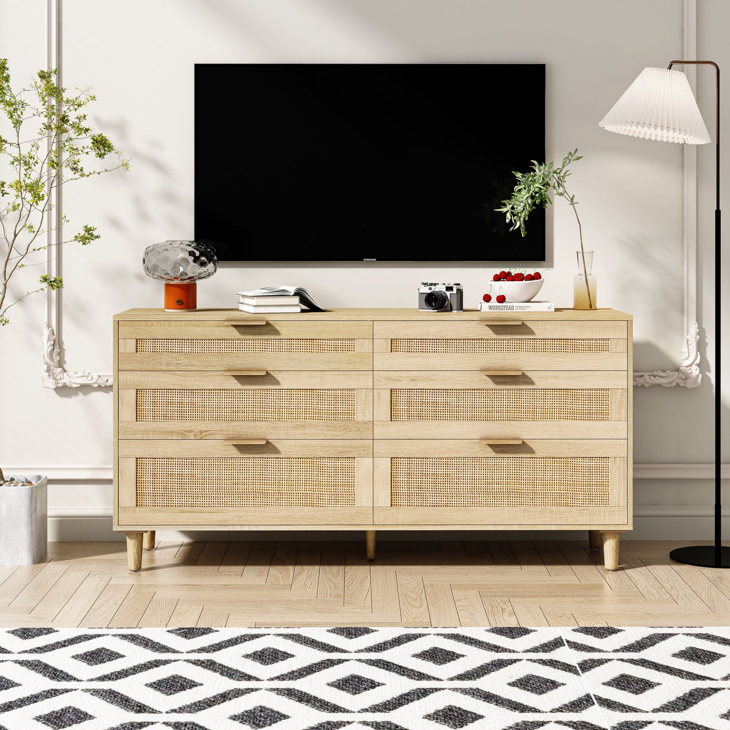 Rattan Dresser With 6 Drawers, Legs &amp; Handles, Storage Cabinet - Natural