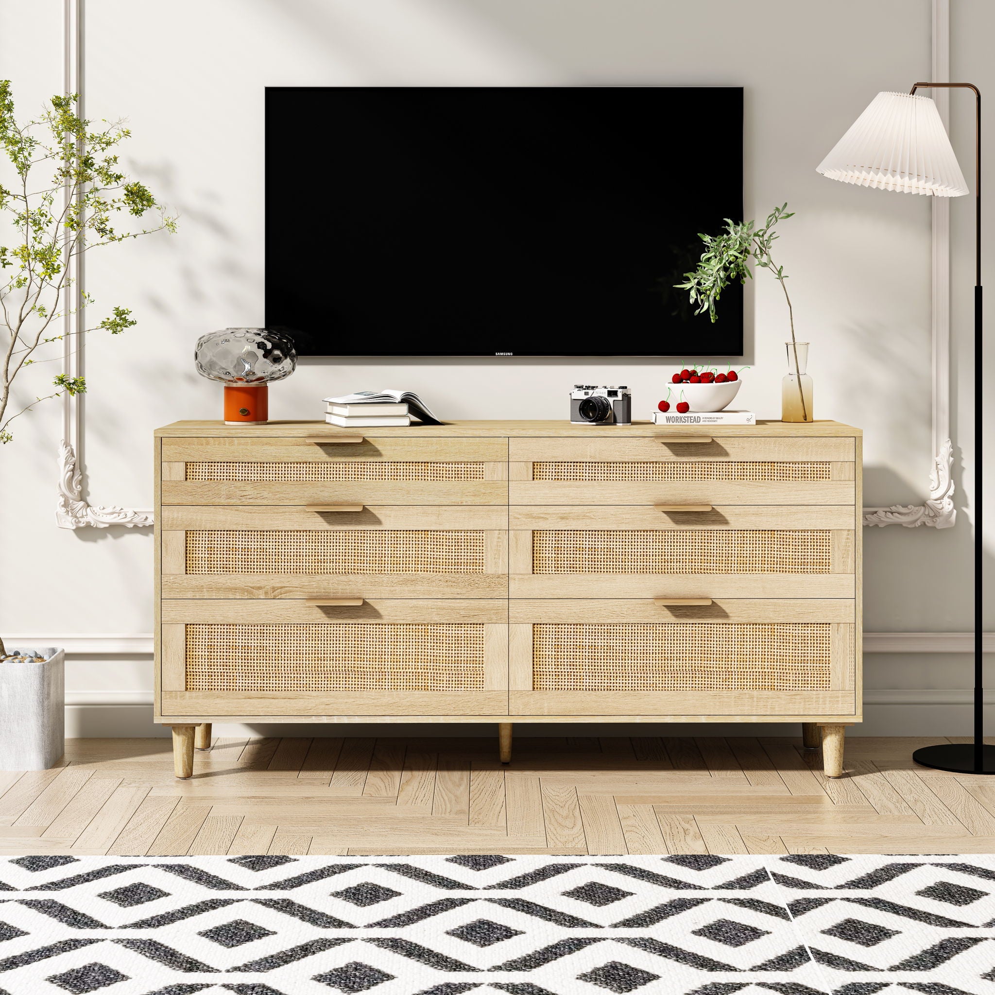 Rattan Dresser With 6 Drawers, Wooden Legs &amp; Metal Handle