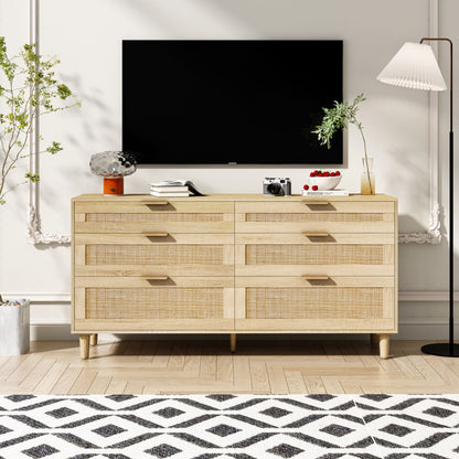 Rattan Dresser With 6 Drawers, Wooden Legs &amp; Metal Handle