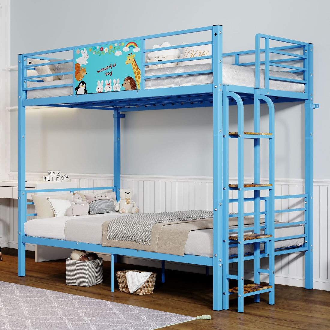 Bunk Bed, Convertible To 2 Separate Twin Size Beds With Full Length Guardrail &amp; Ladder, No Box Spring Needed - Blue