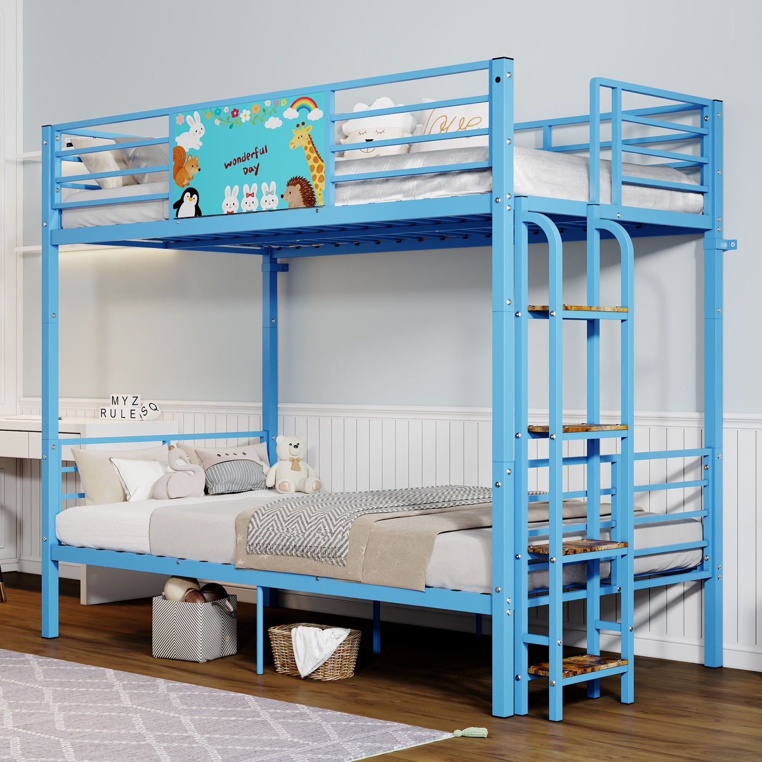 Bunk Bed, Convertible To 2 Separate Twin Size Beds With Full Length Guardrail &amp; Ladder, No Box Spring Needed - Blue