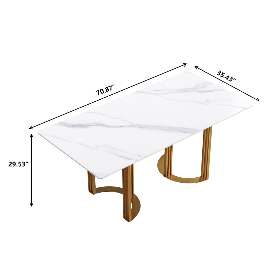 70.87&quot; Modern Artificial Stone White Straight Edge Golden Metal Leg Dining Table, Can Accommodate 6-8 People - White / Gold