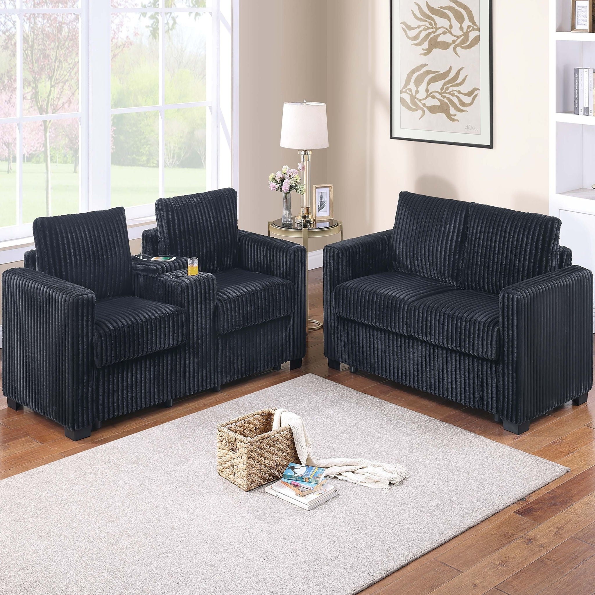 Modern Style 2 Piece Sofa Set With Cup Holders &amp; Charging Port