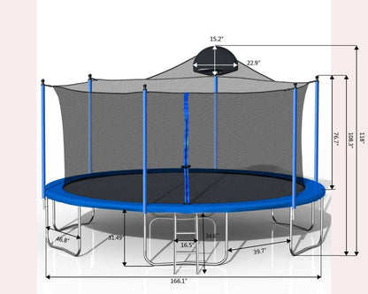 14Ft Trampoline For Adults &amp; Kids With Basketball Hoop, Outdoor Trampolines With Ladder And Safety Enclosure Net For Kids And Adults - Blue