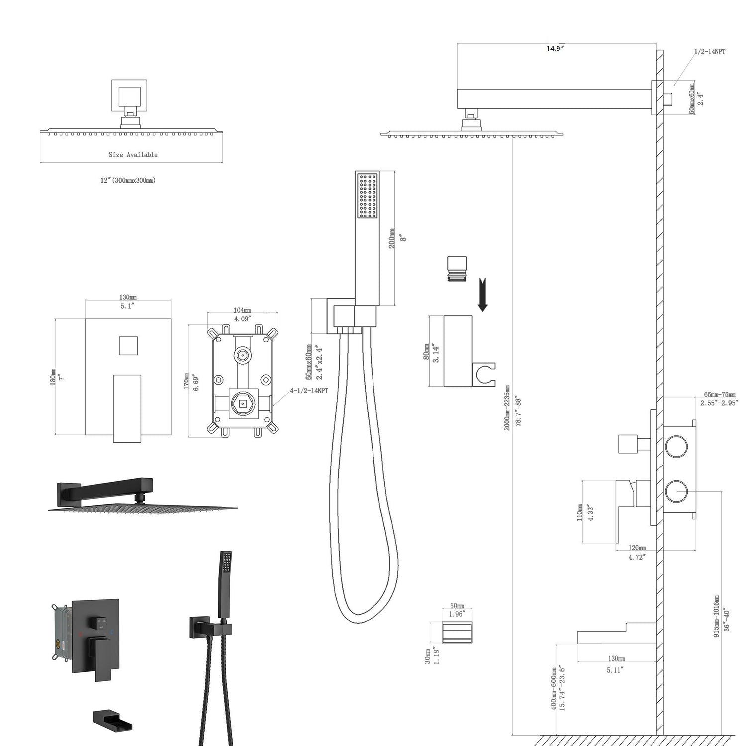 Wall Mounted Square Shower System With Waterfall Tub Spout, 12&quot; Rainfall Shower Head And Handheld Shower - Matte Black