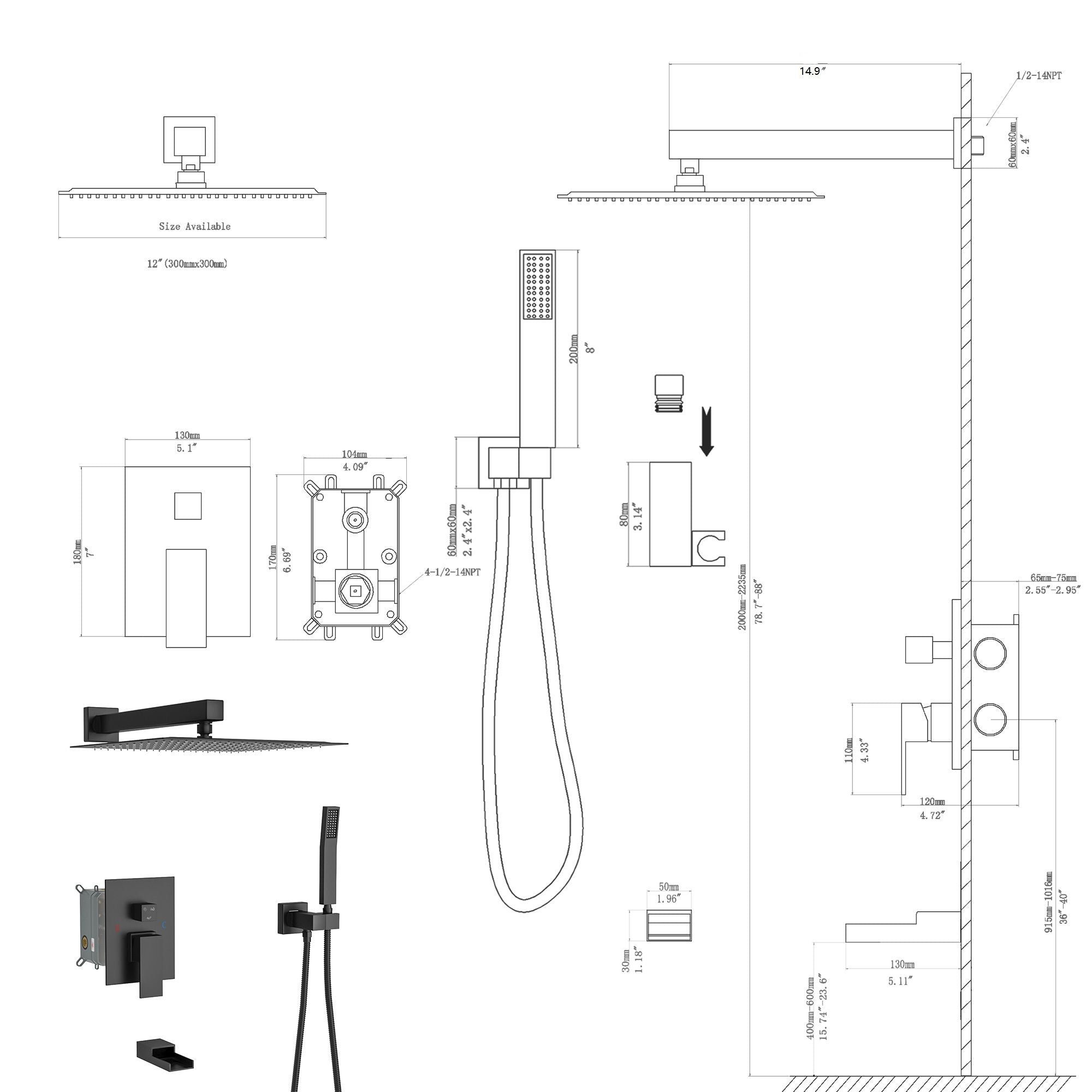 Wall Mounted Square Shower System With Waterfall Tub Spout, 12&quot; Rainfall Shower Head And Handheld Shower - Matte Black