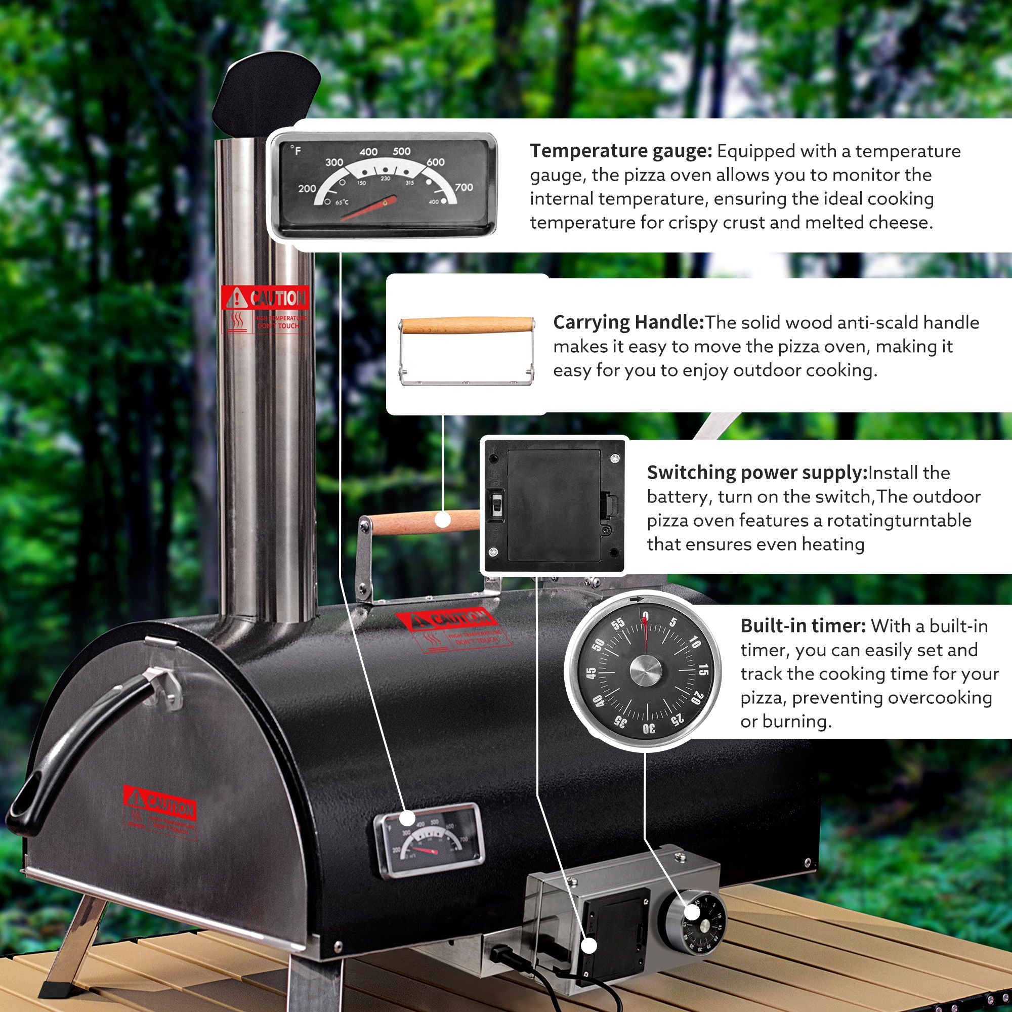 Pizza Oven Outdoor 12&quot; Automatic Rotatable Pizza Ovens Portable Stainless Steel Wood Fired Pizza Oven Pizza Maker With Built-In Thermometer Pizza Cutter Carry Bag