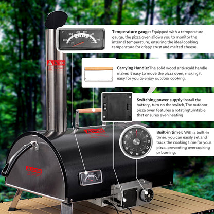 Pizza Oven Outdoor 12&quot; Automatic Rotatable Pizza Ovens Portable Stainless Steel Wood Fired Pizza Oven Pizza Maker With Built-In Thermometer Pizza Cutter Carry Bag