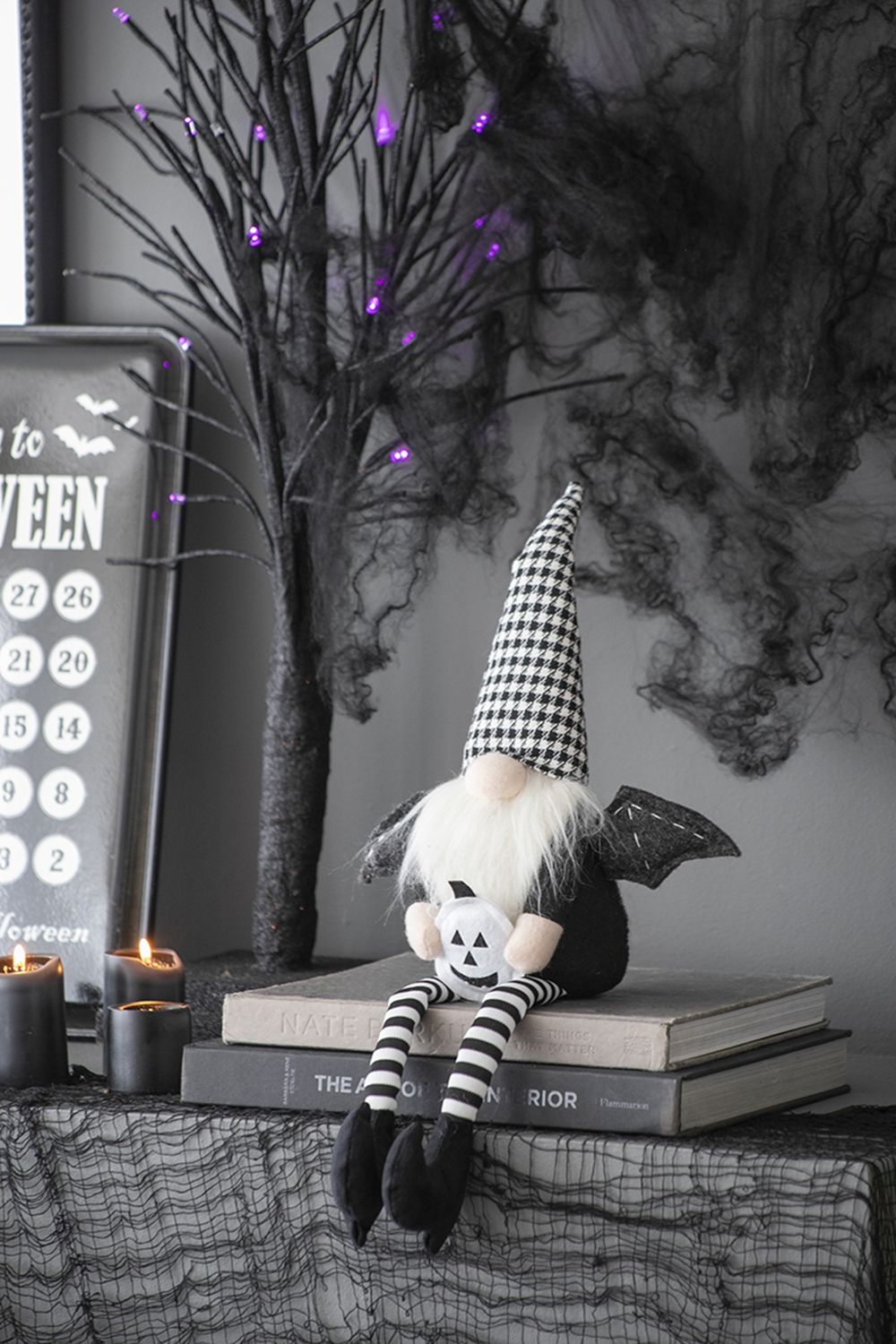 Sitting Gnome With Wings &amp; Plaid Hat, For Halloween Decor