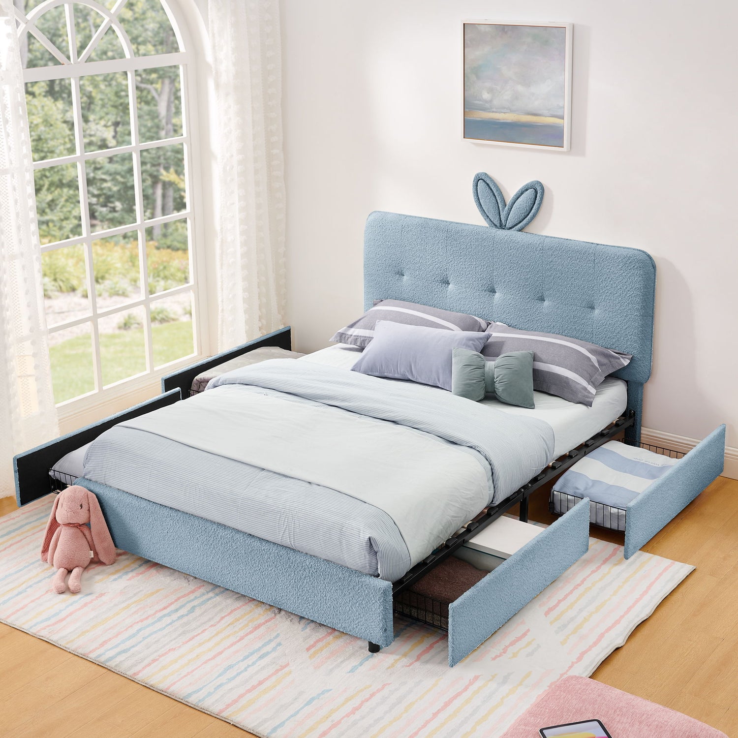 Upholstered Bed With Oversized Rabbit Ear Headboard, LED Lights &amp; 4 Storage Drawers