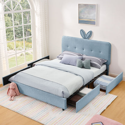Upholstered Bed With Oversized Rabbit Ear Headboard, LED Lights &amp; 4 Storage Drawers