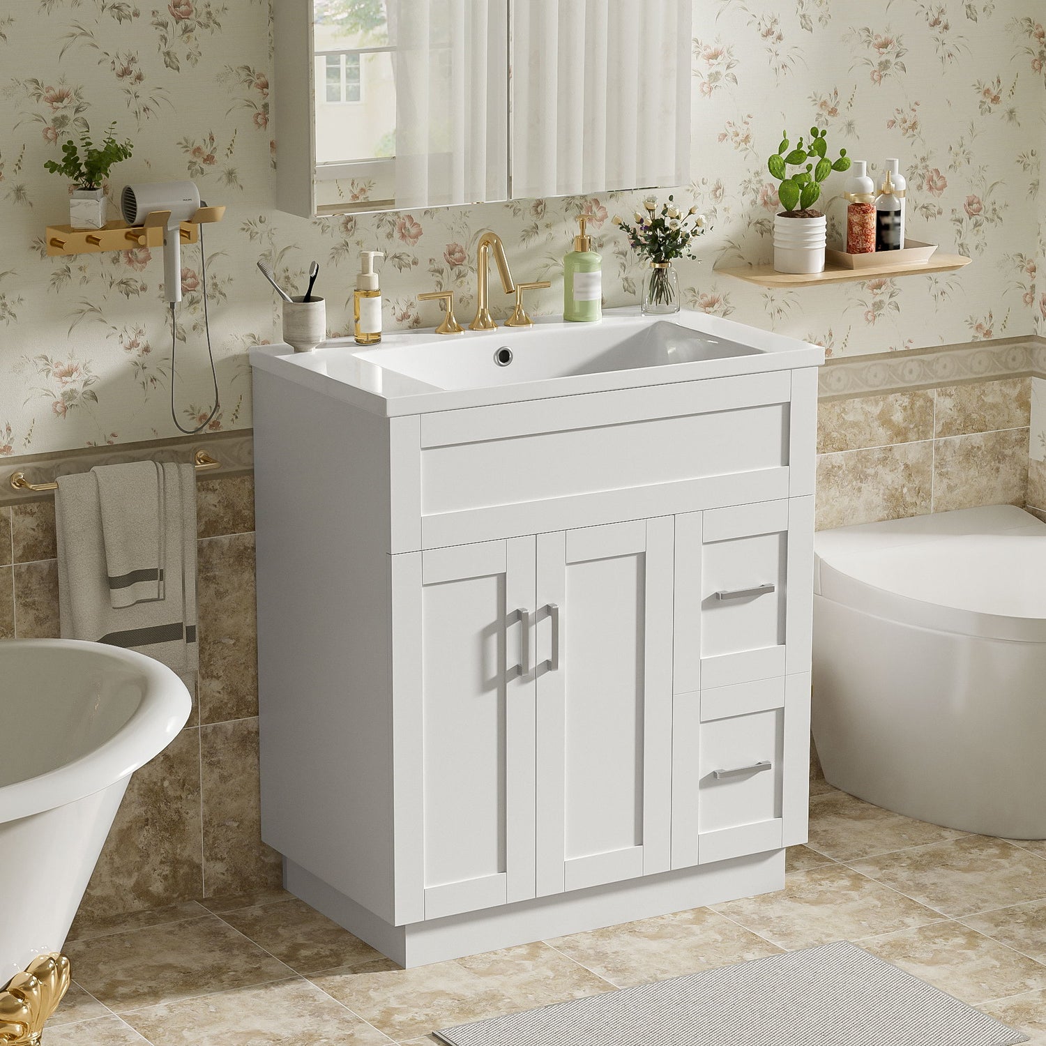 Bathroom Vanity With 2 Doors, 2 Drawers, Adjustable Shelf, Hidden Slides &amp; Soft Close Hinges