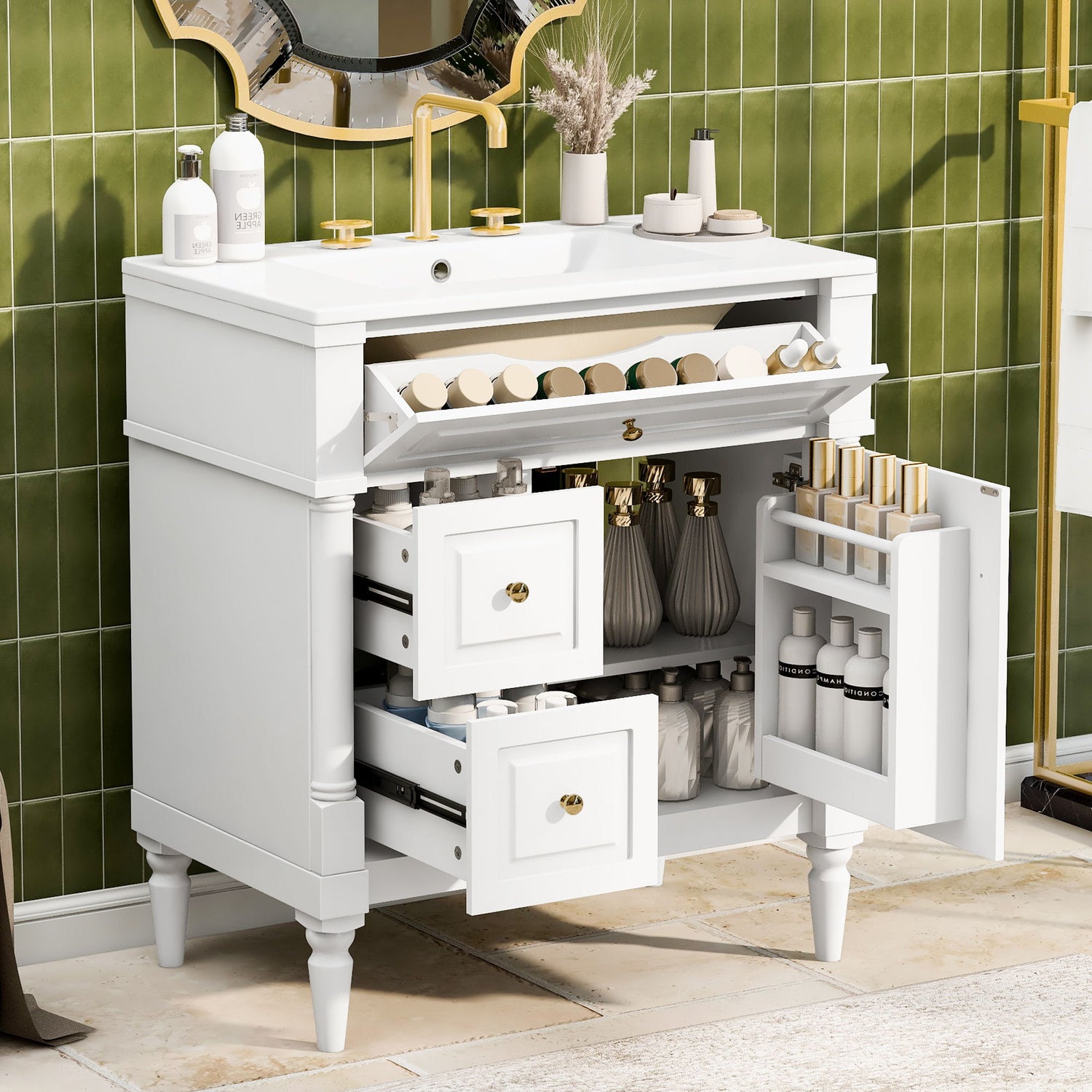 Modern Bathroom Vanity With Sink, Freestanding Cabinet With Flip Drawer &amp; Adjustable Shelf