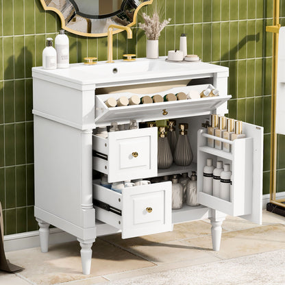 Modern Bathroom Vanity With Sink, Freestanding Cabinet With Flip Drawer &amp; Adjustable Shelf