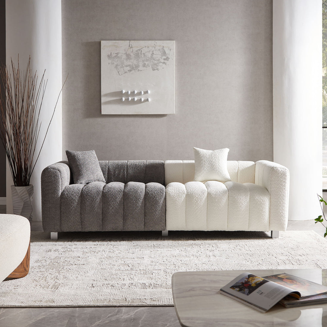 3 Seater Sofa With Metal Base Legs And 2 Pillows In +, 87.4&quot; Premium Couch For Living Room - White / Gray