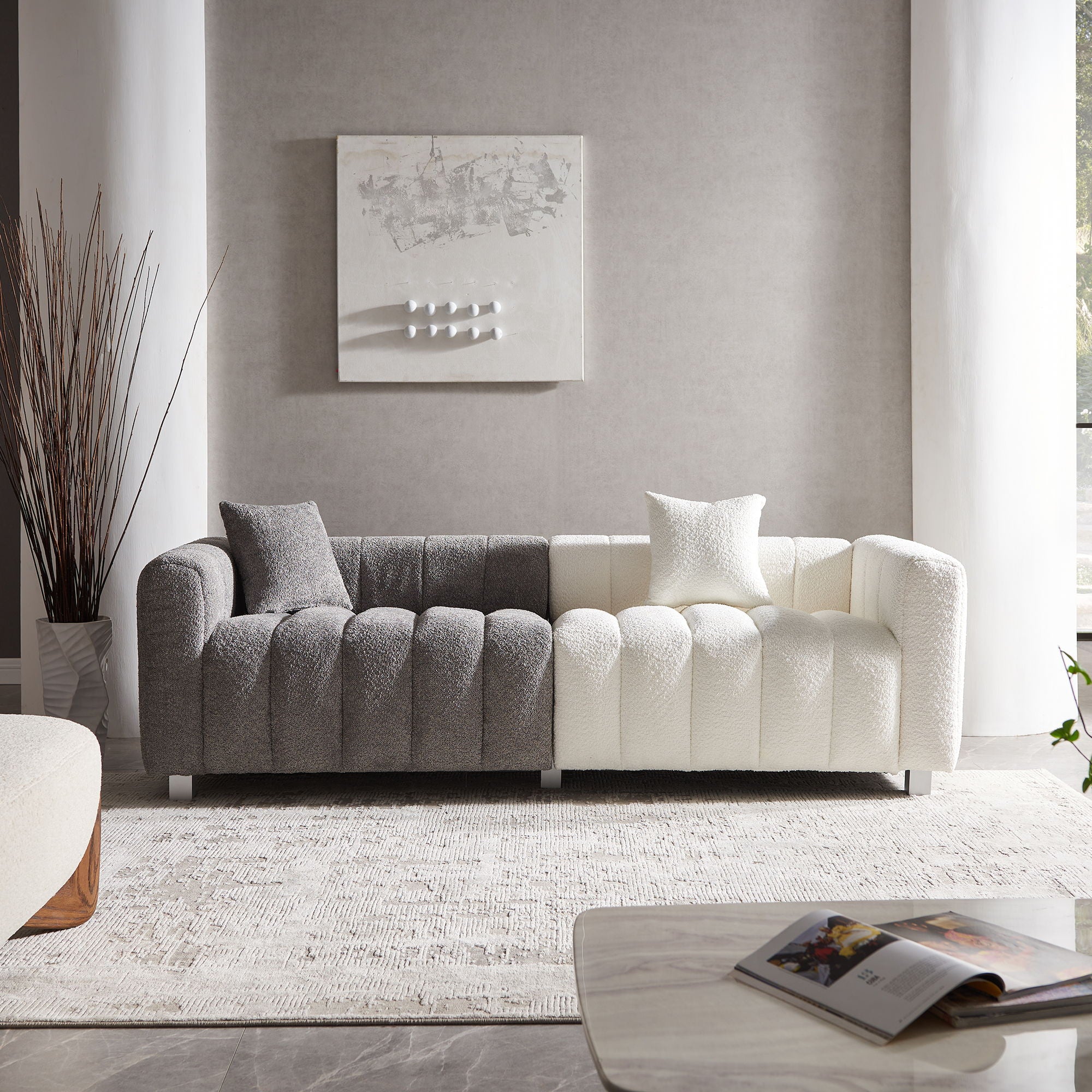 3 Seater Sofa With Metal Base Legs And 2 Pillows In +, 87.4&quot; Premium Couch For Living Room - White / Gray