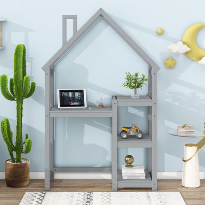 House-Shaped Wooden Writing Desk, Kids Study Table, Bookshelf &amp; Toy Storage