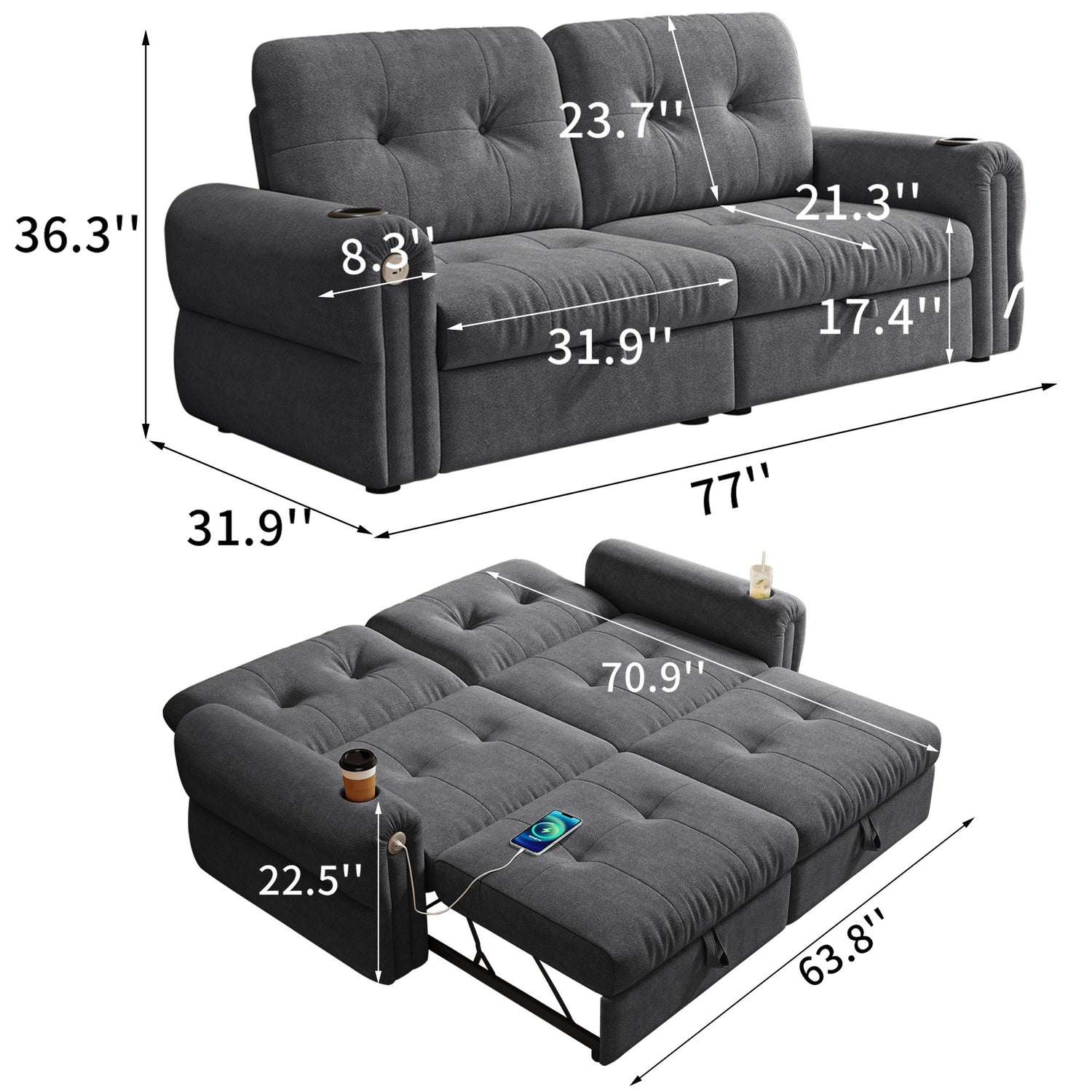 2 In 1 Convertible Sofa Bed For Living Room - Dark Gray - Fabric