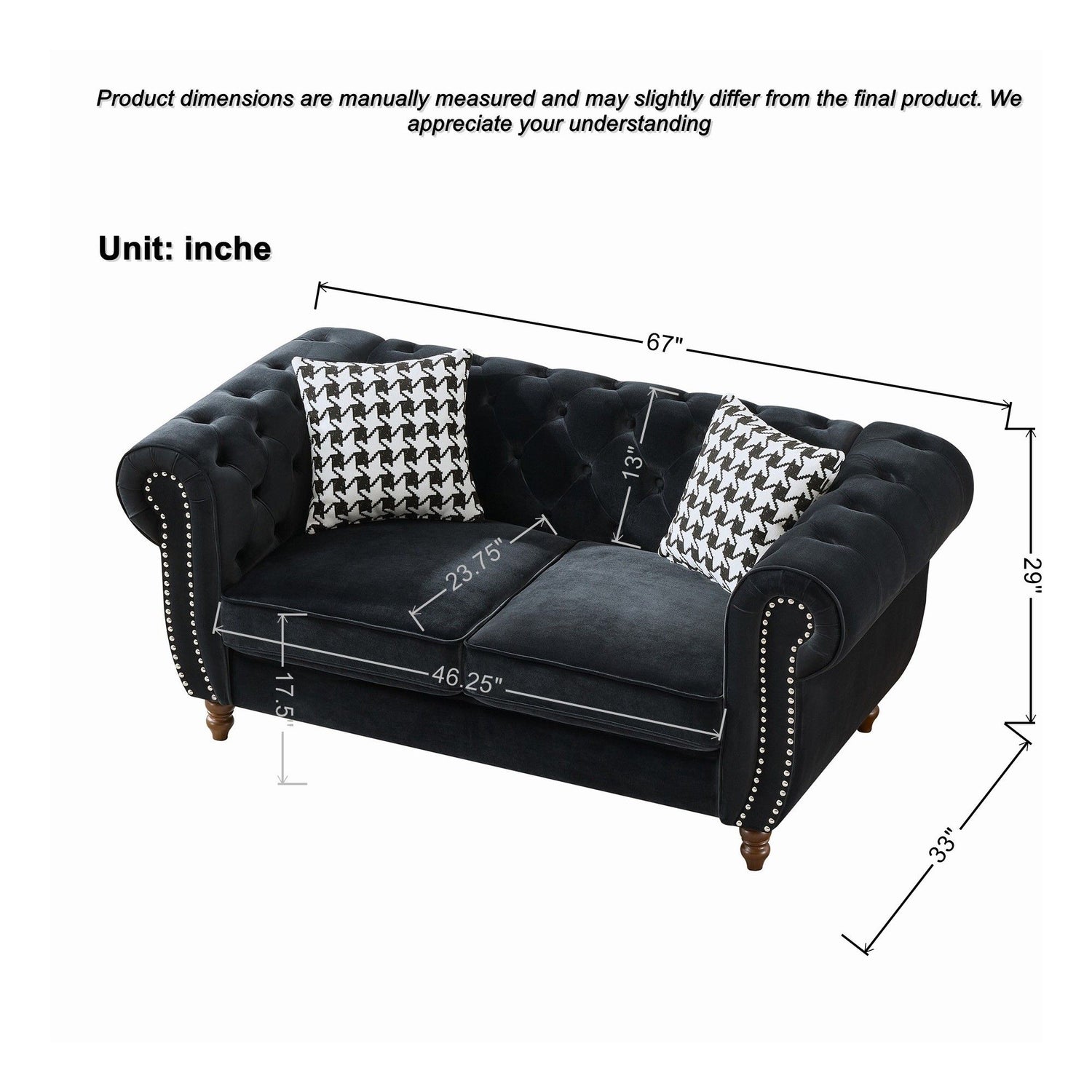 Chesterfield 3 And 2 Seater Velvet Upholstery Sofa With Roll Armrest &amp; Nailhead Fabric Couch