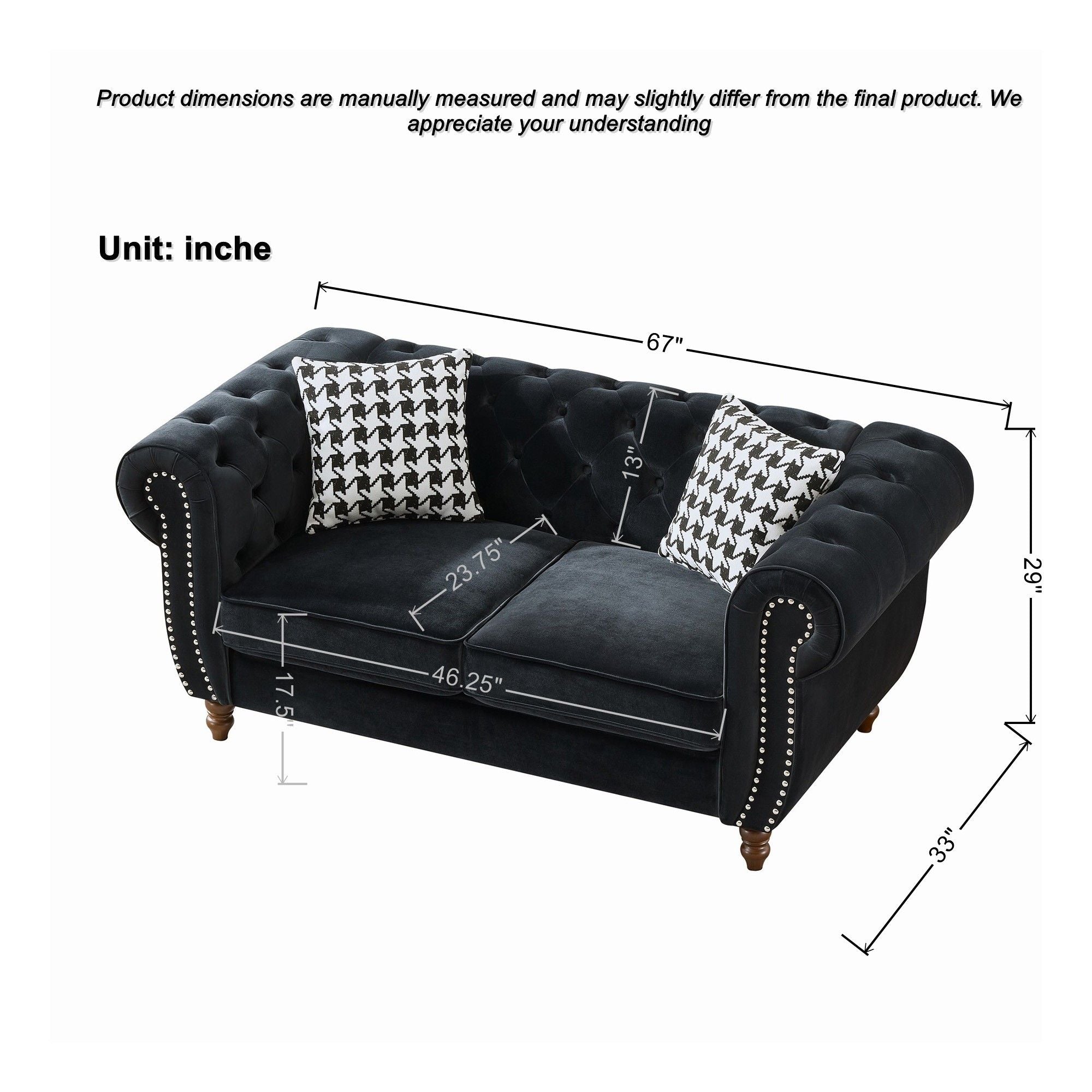 Chesterfield 3 And 2 Seater Velvet Upholstery Sofa With Roll Armrest &amp; Nailhead Fabric Couch