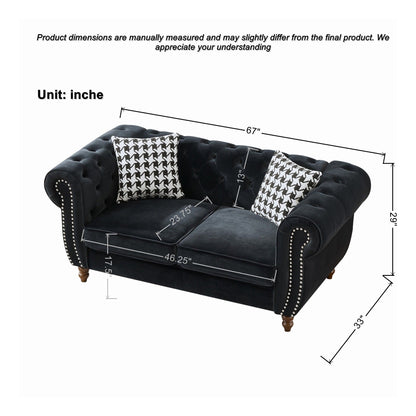 Chesterfield 3 And 2 Seater Velvet Upholstery Sofa With Roll Armrest &amp; Nailhead Fabric Couch