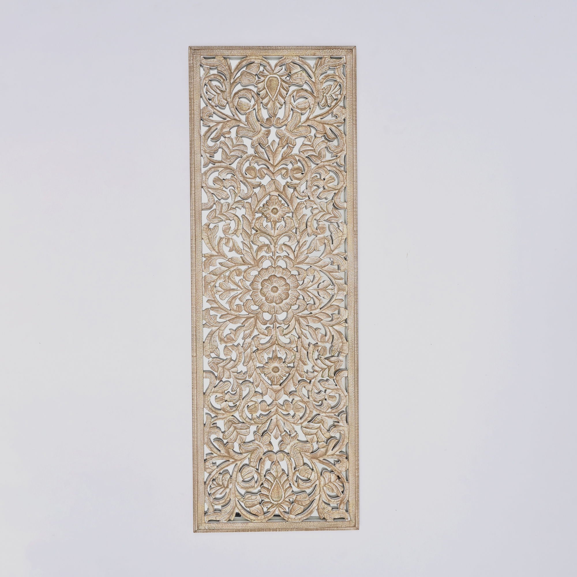 Floral Hand Carved Mandala Rectangle Wall Decor With Mirror - Antique Brown / White