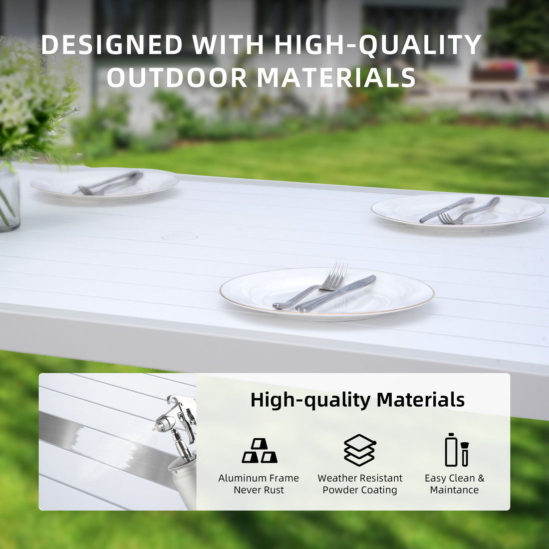 6 Piece Dining Set Modern Outdoor Patio Furniture, 4 Dining Chairs &amp; 1 Dining Bench Sunbrella Fabric And 2 Tone Rectangle Table With Umbrella Hole - Matte White / Grayish