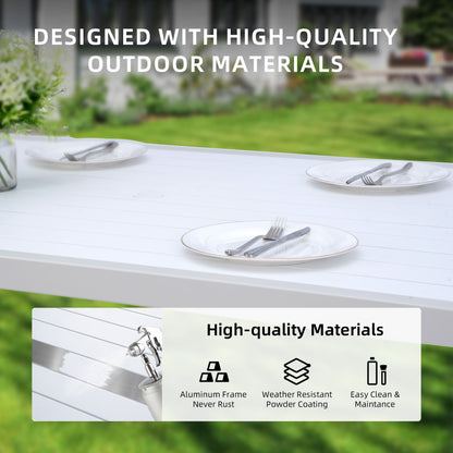 6 Piece Dining Set Modern Outdoor Patio Furniture, 4 Dining Chairs &amp; 1 Dining Bench Sunbrella Fabric And 2 Tone Rectangle Table With Umbrella Hole - Matte White / Grayish