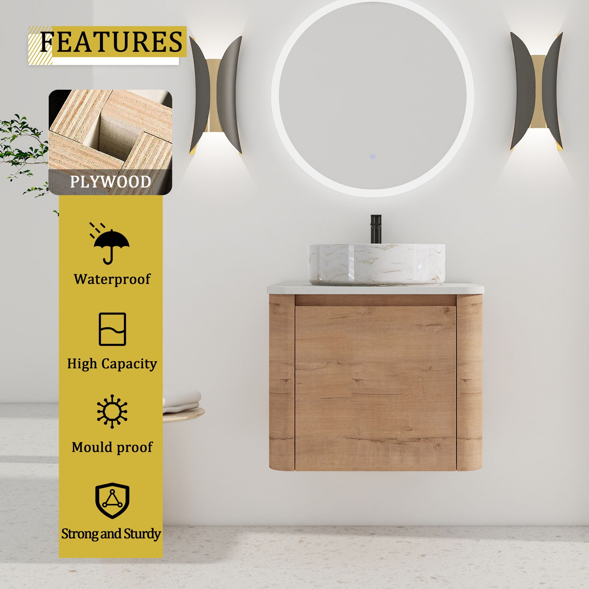 Wall Mounted Bathroom Vanity With Art Sink, 1 Soft Close Door