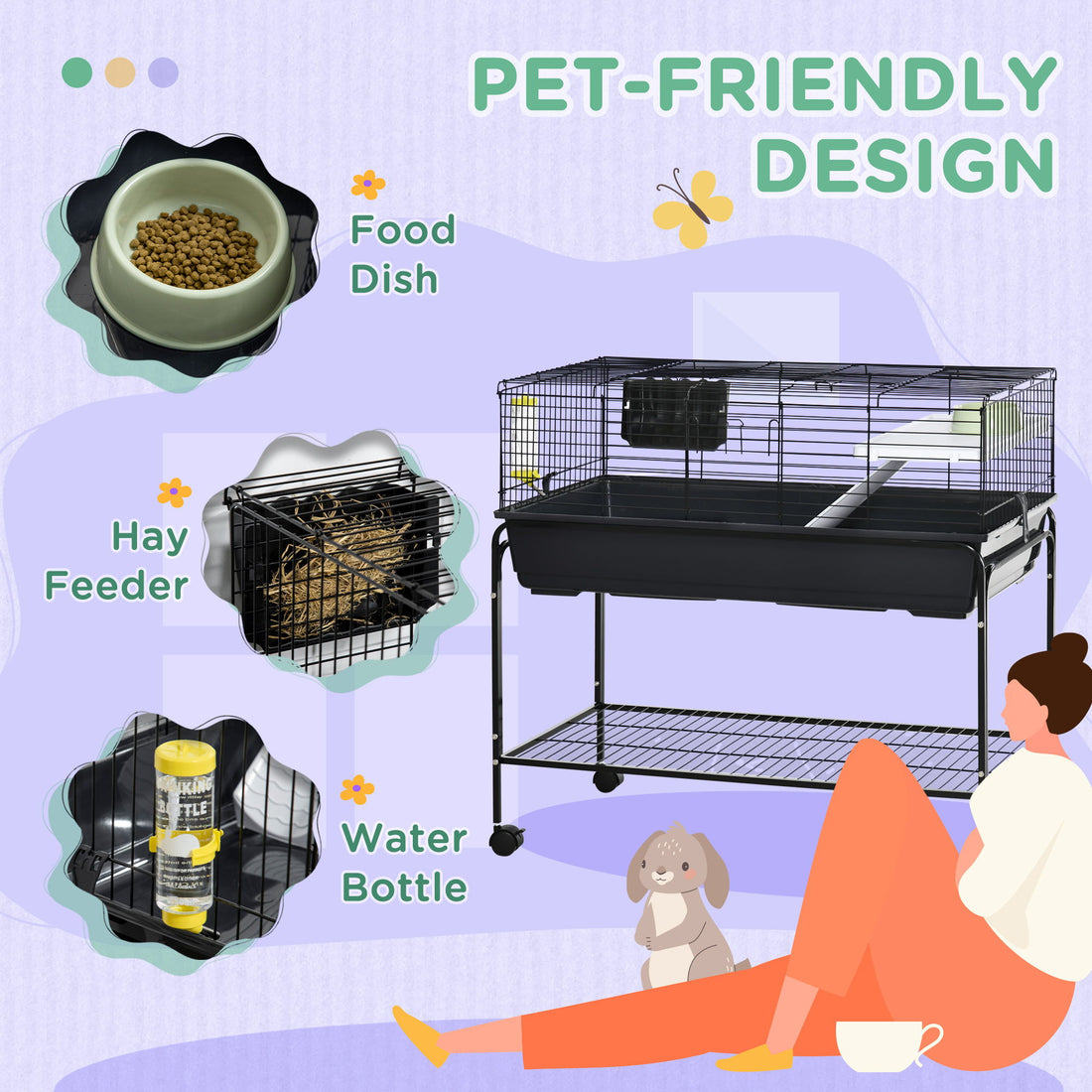 Pawhut - Two-Story Small Animal Cage Removable From Stand, Guinea Pig Cage, Hedgehog Cage, Chinchilla Cage, Ferret, With Shelf &amp; Wheels, Pet Habitat - Black