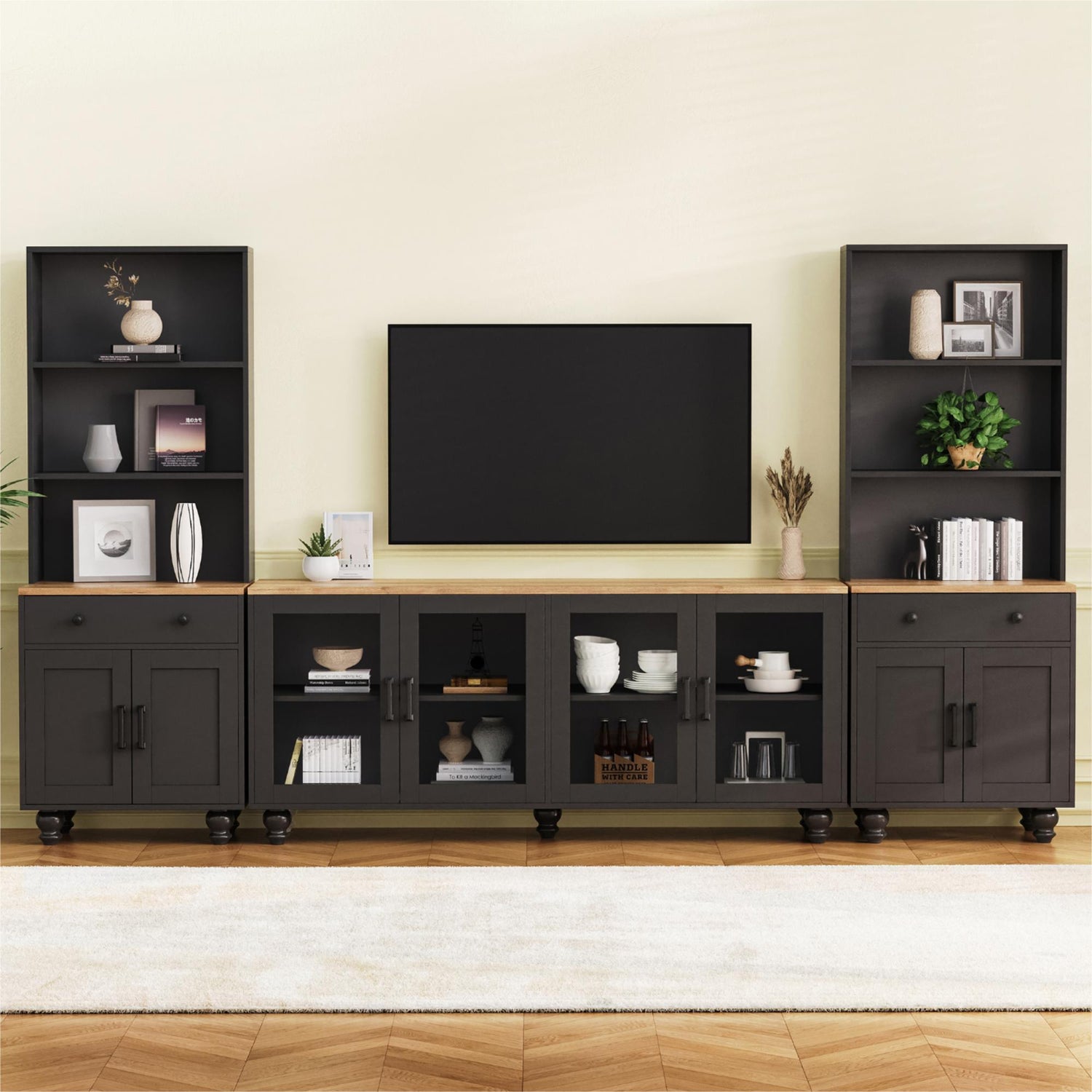 Farmhouse TV Stand With Solid Wood Gourd Shaped Legs For TVs Up To 70&quot;