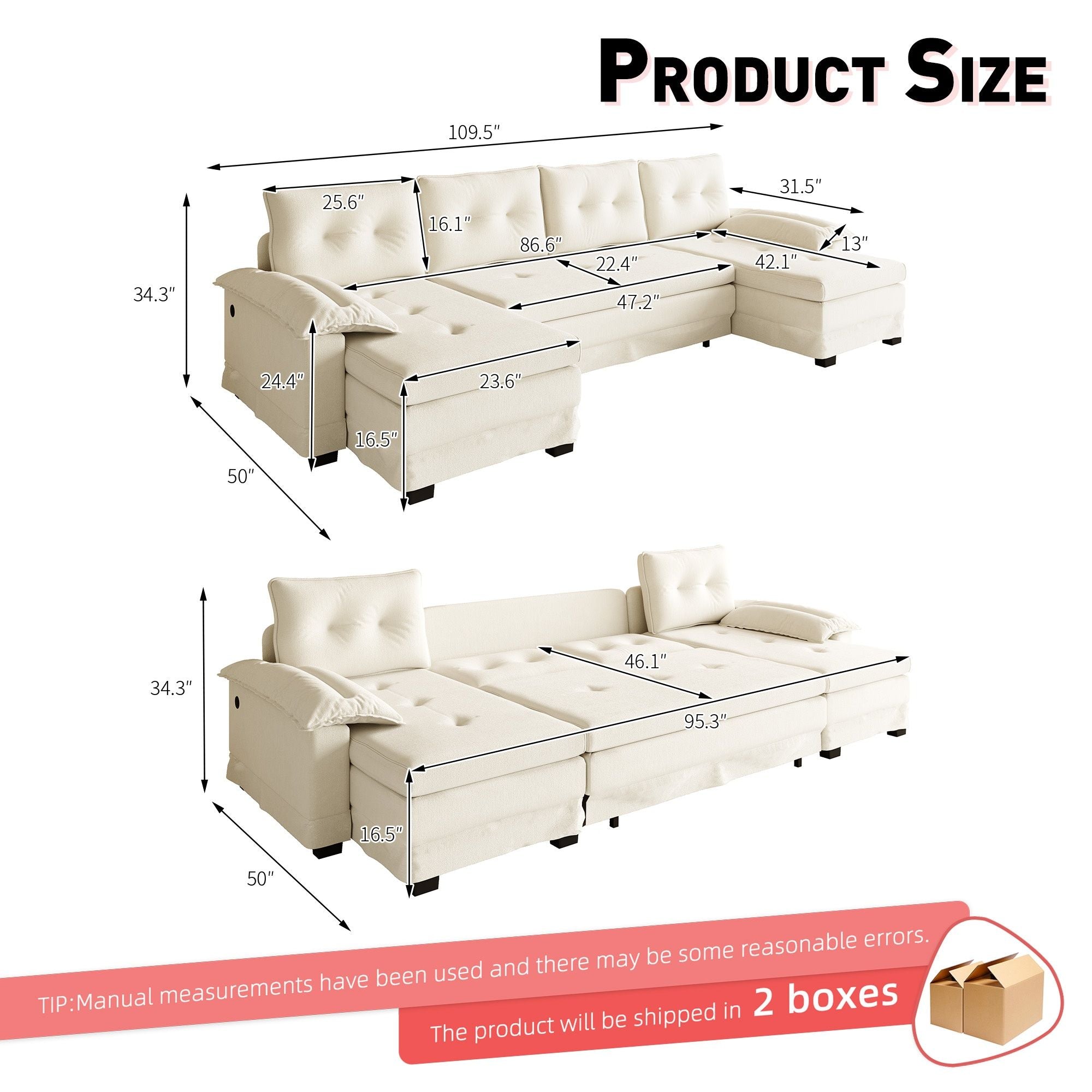 U-Shaped Sleeper Sofa With Pull Out Bed, Removable Armrests &amp; USB Ports For Living Room