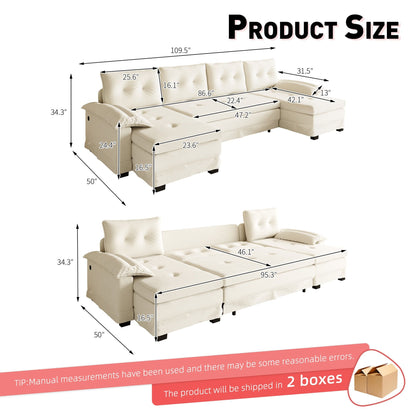 U-Shaped Sleeper Sofa With Pull Out Bed, Removable Armrests &amp; USB Ports For Living Room