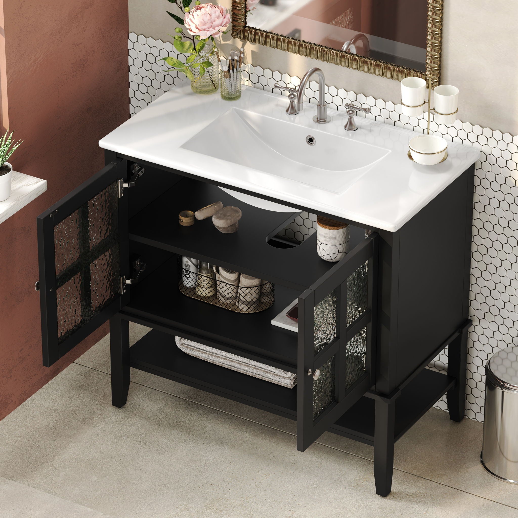 Bathroom Vanity With Ceramic Sink, Adjustable &amp; Open Shelf
