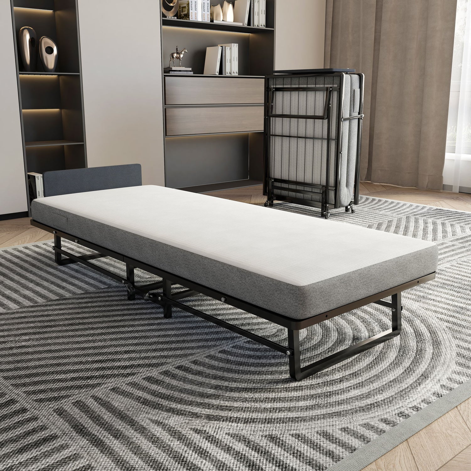 Modern Metal Folding Bed Frame With Foam Mattress, Easy Storage &amp; Mobility - Black