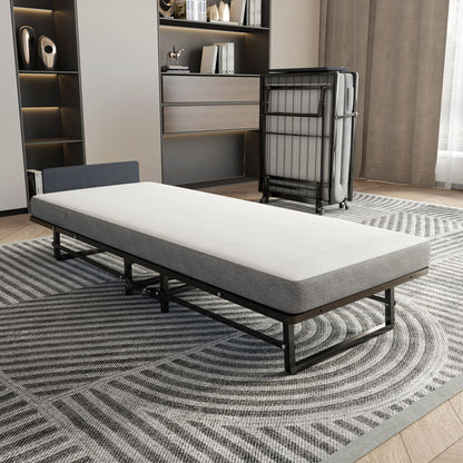 Modern Metal Folding Bed Frame With Foam Mattress, Easy Storage &amp; Mobility - Black
